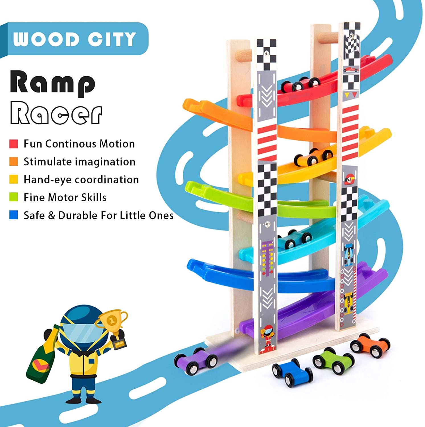Wooden Car Ramp Racer Toy Vehicle Set - WOOD CITY
