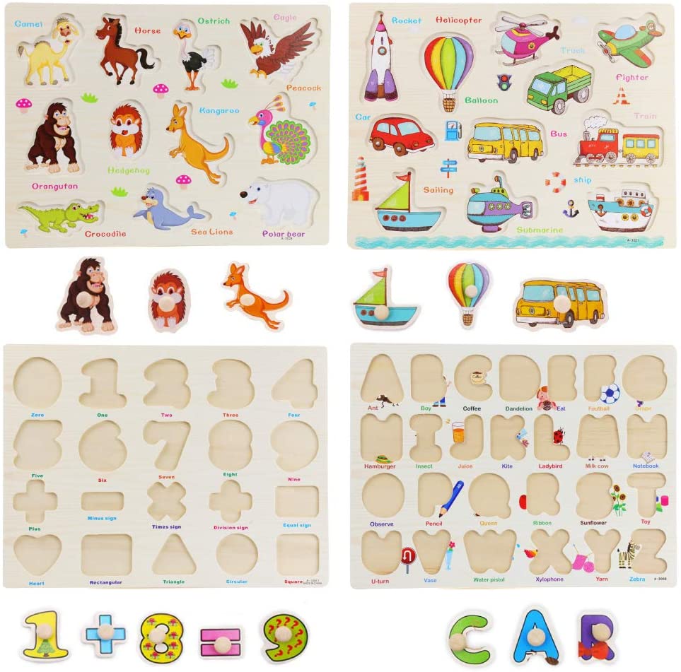 4 Pcs Toddler Puzzles Set - Letters, Numbers, Animals and Vehicles - WOOD CITY